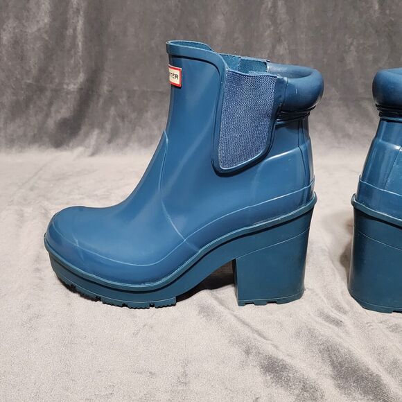 HUNTER TEAL CHUNKY BLOCK HEEL CHELSEA RAIN BOOTS Women's Size 8 - Picture 5 of 12